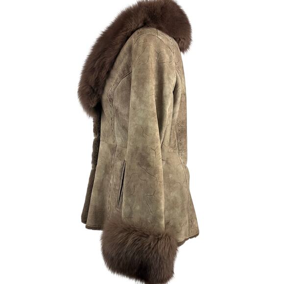 Y2K Shearling Sheepskin Penny lane Fur Leather Coat Blue Fox Trim S-M - Picture 6 of 15